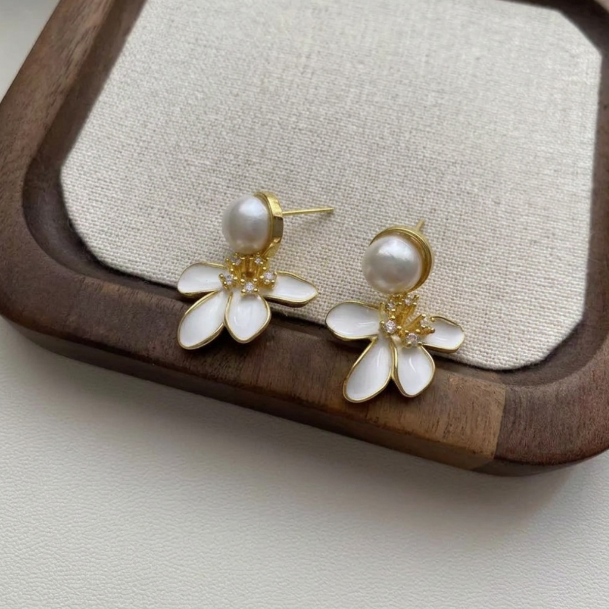 White Flower Pearl Stud Earrings — white enamel flower stud with pearl drop