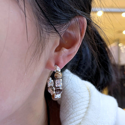 Noisette Stone Hoops — banded natural stone beads and hand-cast silver nugget hoop earring