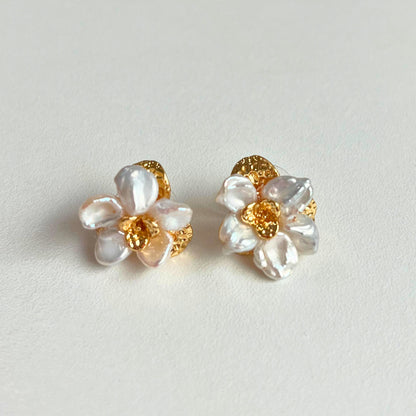 Baroque Pearl Flower Stud Earrings — baroque pearl petals clustered into a flower around a hammered gold centre