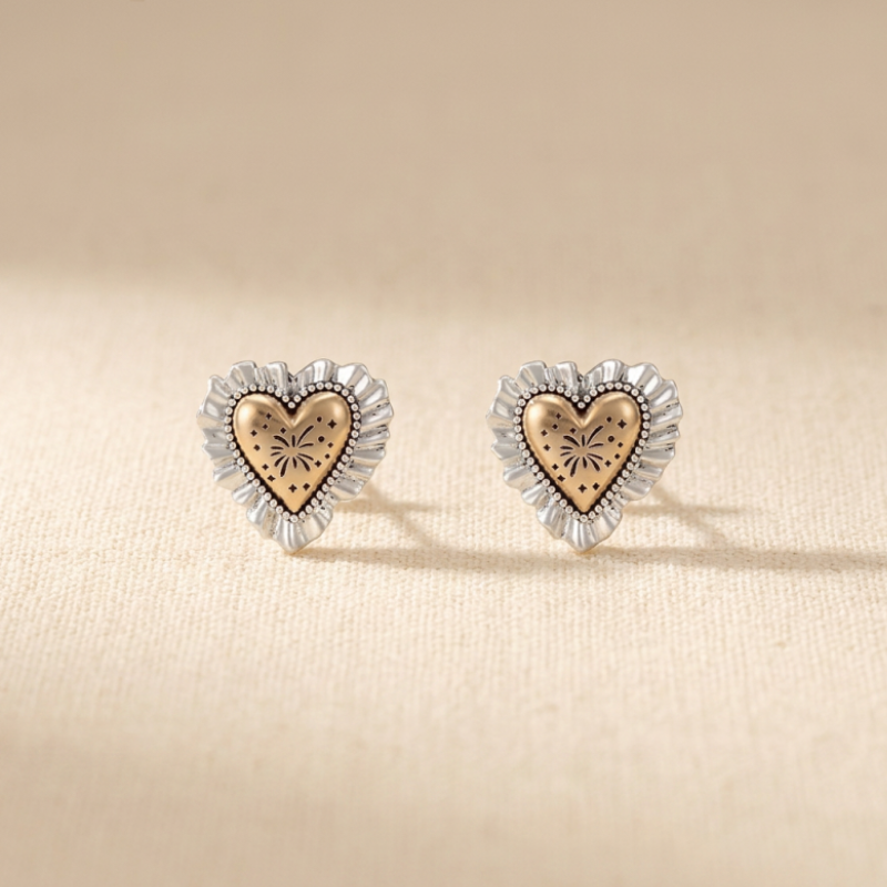 Cœur Ancien Studs — ruffled silver-tone heart with antiqued gold floral centre