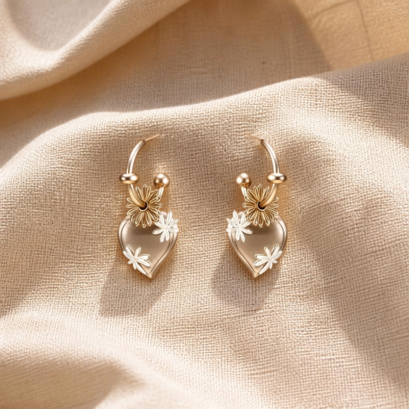Cœur de Marguerite Hoops — gold heart charm with white enamel daisy petals on a hoop