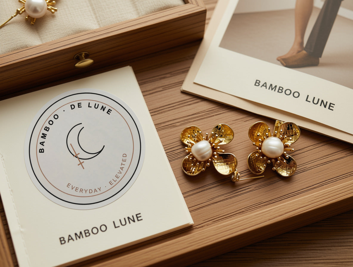 Trèfle Pearl Studs — with Bamboo de lune packaging