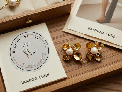 Trèfle Pearl Studs — with Bamboo de lune packaging