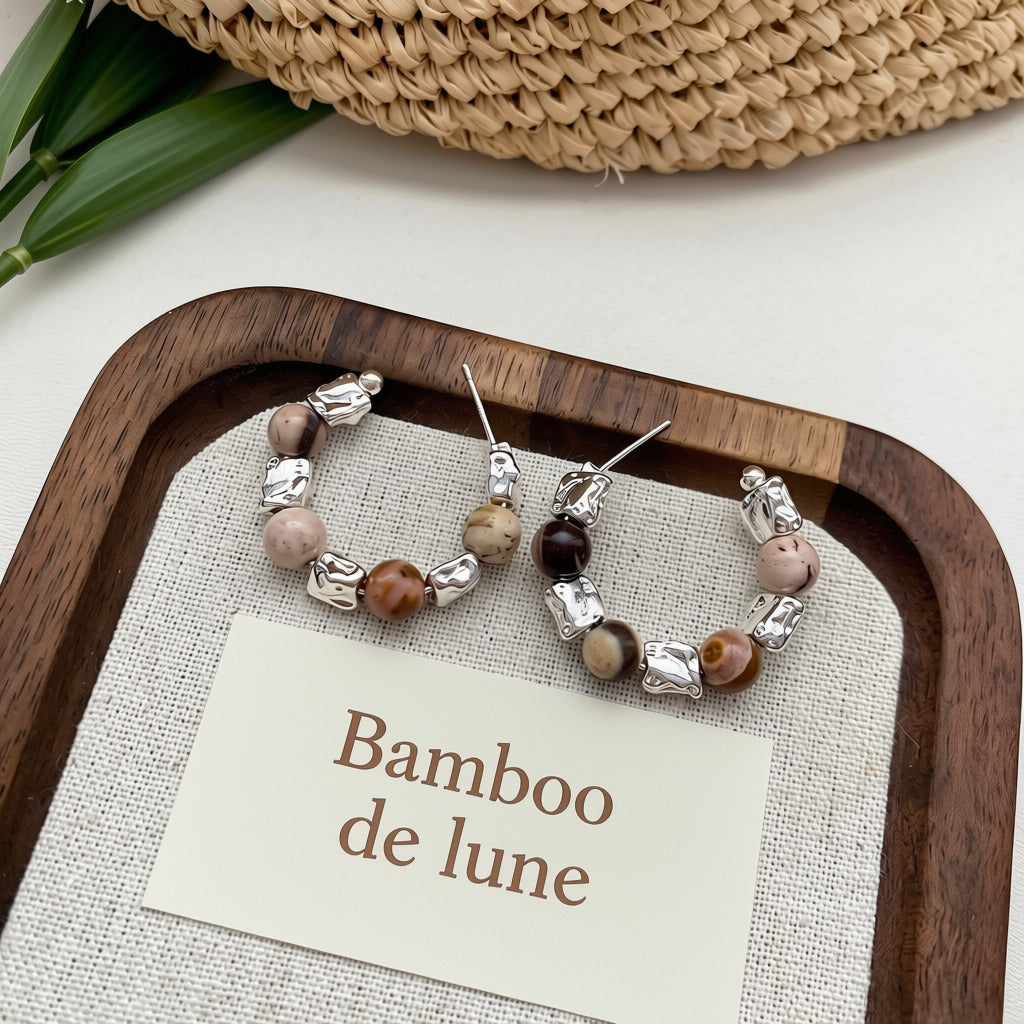 Noisette Stone Hoops — banded natural stone beads and hand-cast silver nugget hoop earring