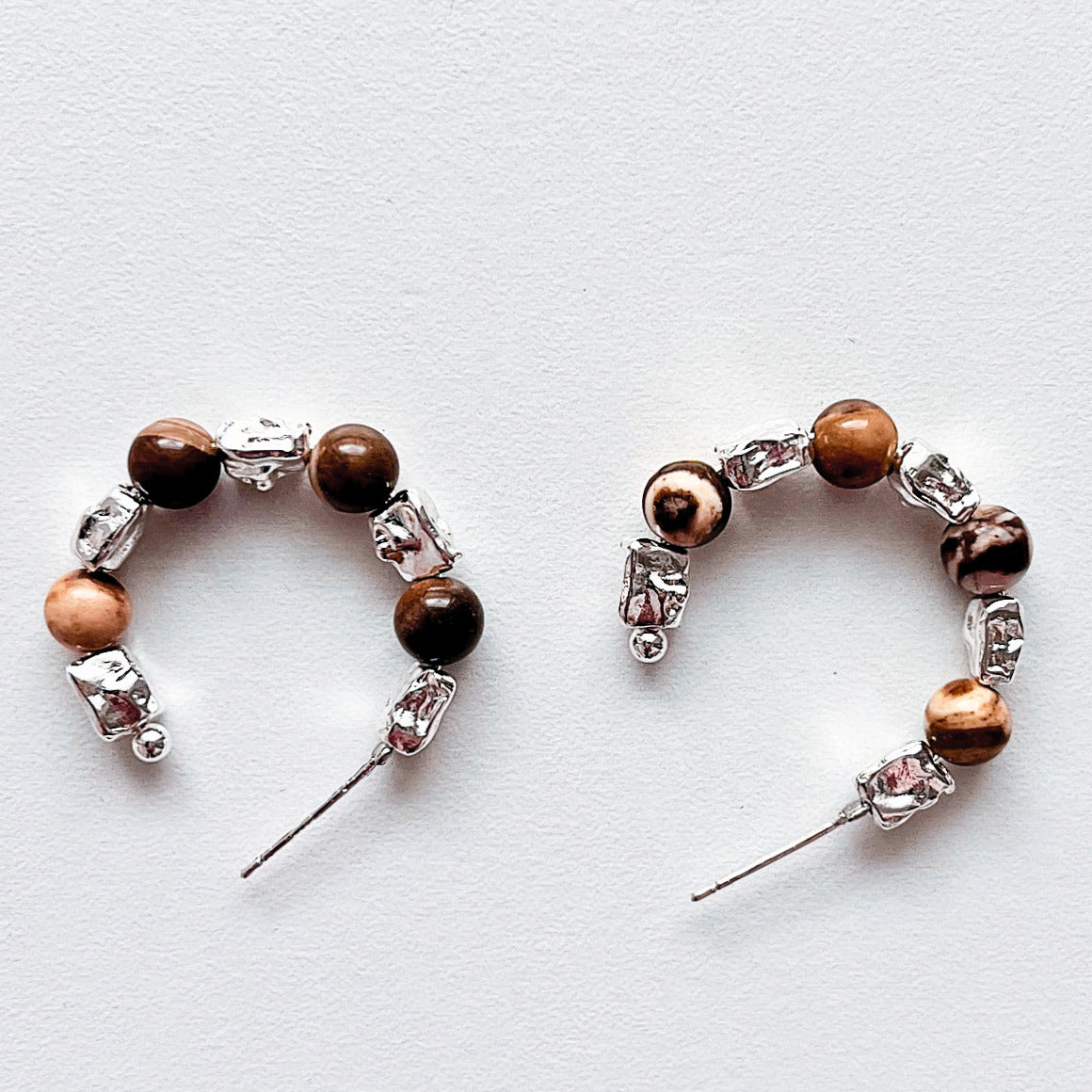 Noisette Stone Hoops — banded natural stone beads and hand-cast silver nugget hoop earring