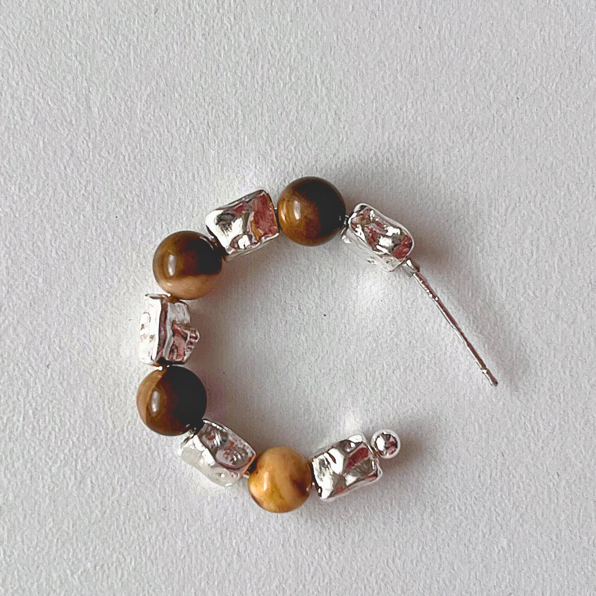 Noisette Stone Hoops — banded natural stone beads and hand-cast silver nugget hoop earring