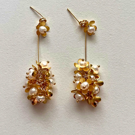 Glycine Pearl Drops — pearl-flower stud with cascading pearl and gold petal drop