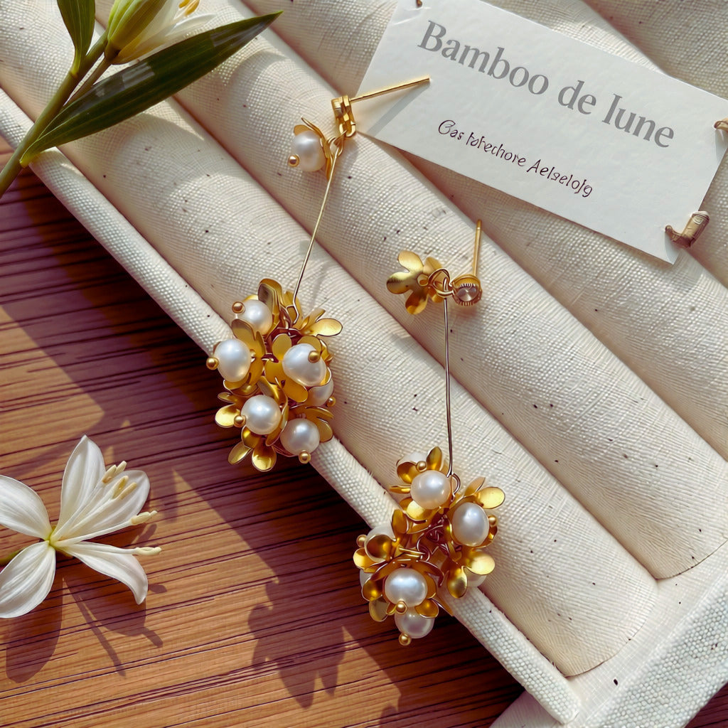 Glycine Pearl Drops — pearl-flower stud with cascading pearl and gold petal drop