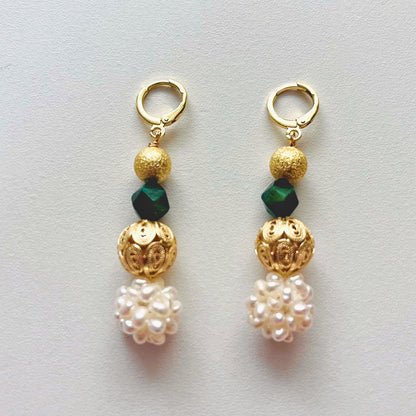 Pearl Cluster Drop Earrings — pair laid flat, showing brushed gold ball, green stone, filigree bead and pearl cluster drop