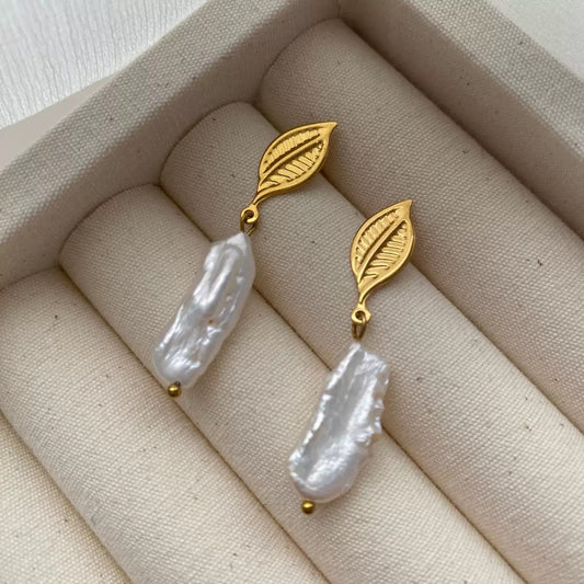 Leaf + Baroque Pearl Drop Earrings — gold leaf stud with baroque stick pearl drop