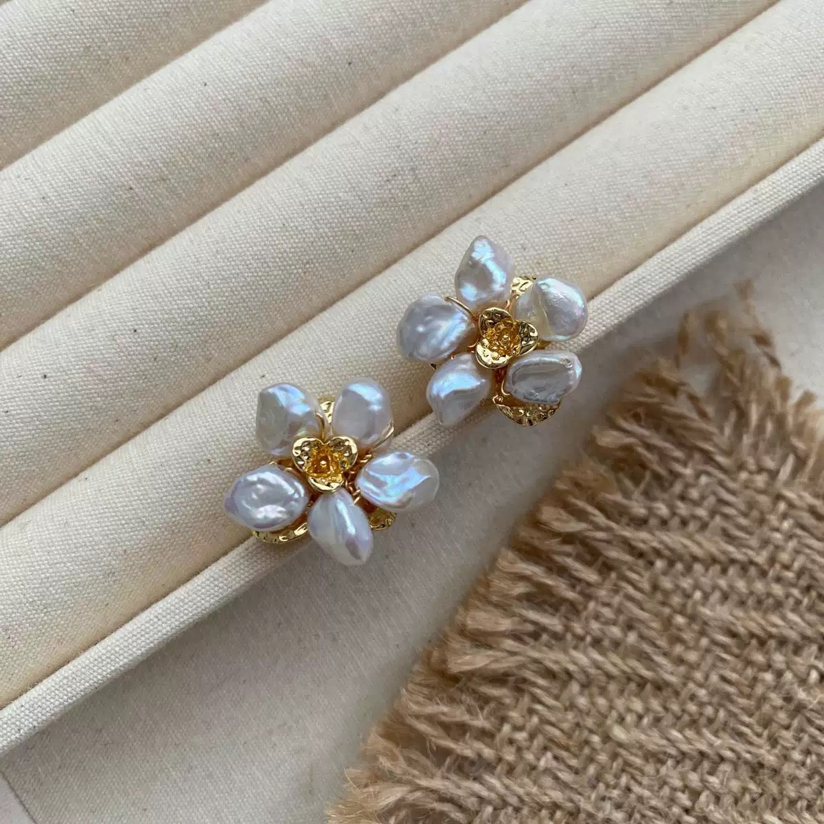 Baroque Pearl Flower Stud Earrings — baroque pearl petals clustered into a flower around a hammered gold centre