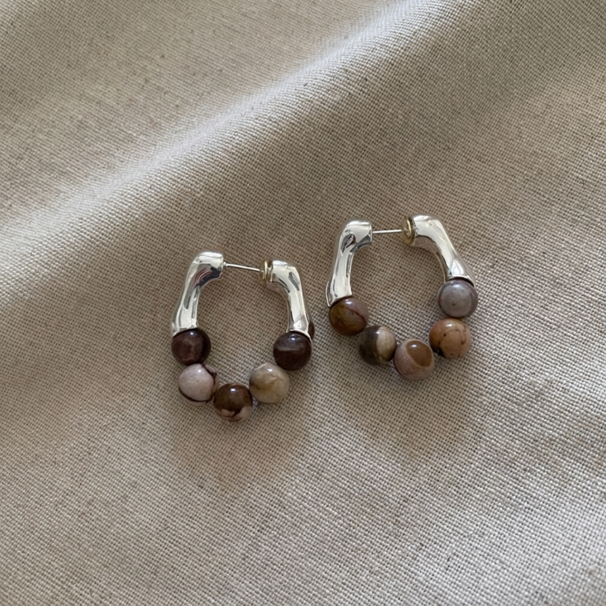 Terre Jasper Hoops — marbled jasper bead hoop with gold hinge accent