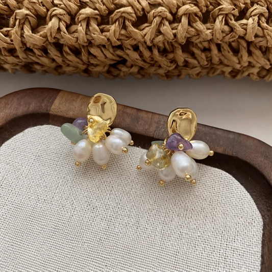 Mixed Bead Cluster Stud Earrings — hammered gold disc with mixed gemstone chips and freshwater pearls
