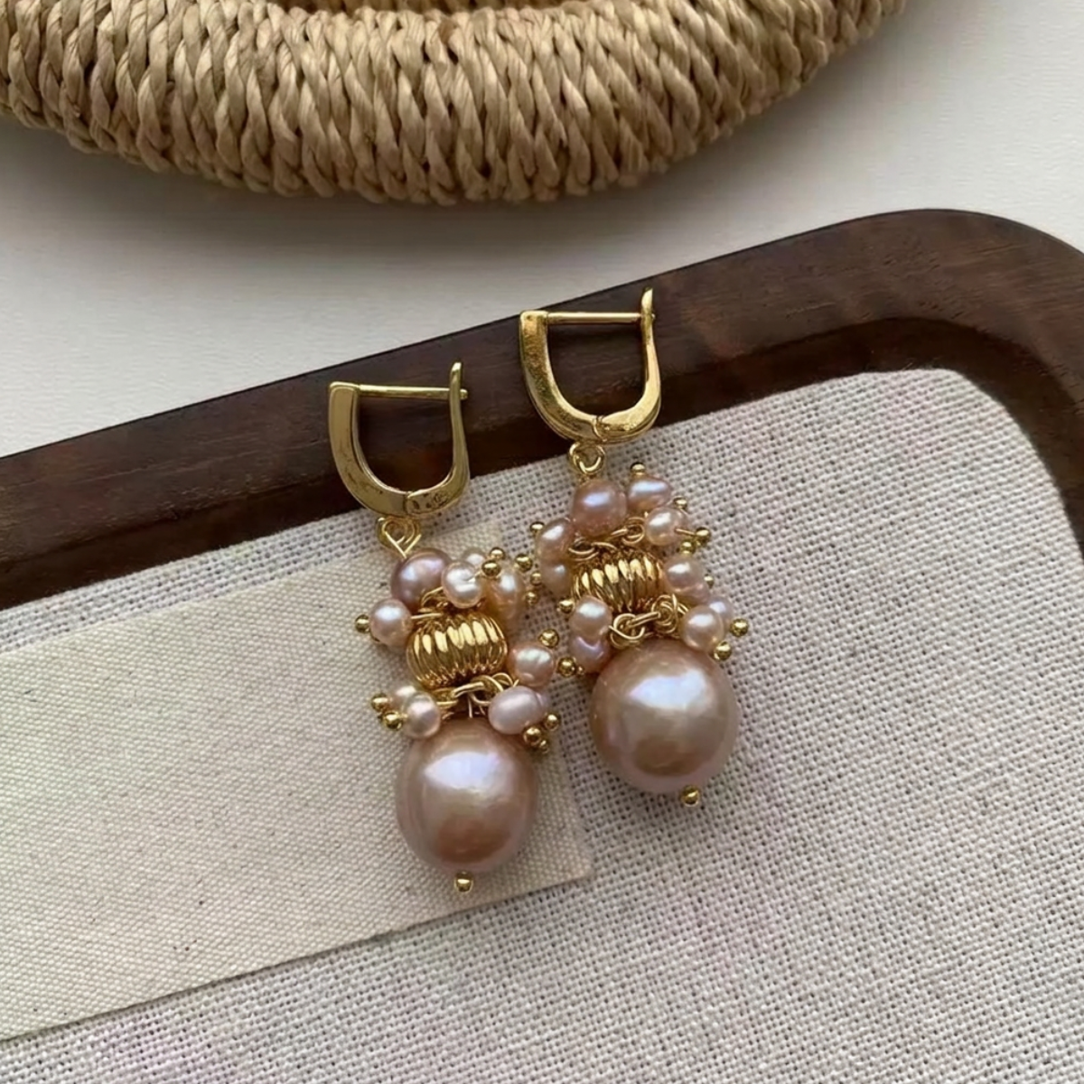 Pink Pearl Cluster Drop Earrings