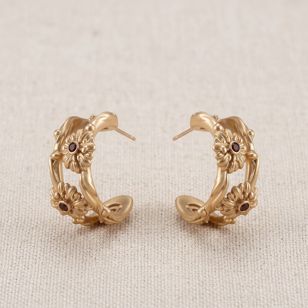 Retro C-Ring Earrings — textured gold C-ring hoop with daisy and gemstone accents