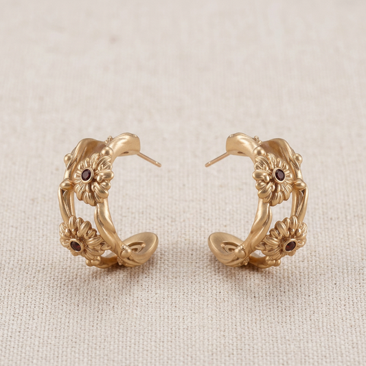 Retro C-Ring Earrings — textured gold C-ring hoop with daisy and gemstone accents