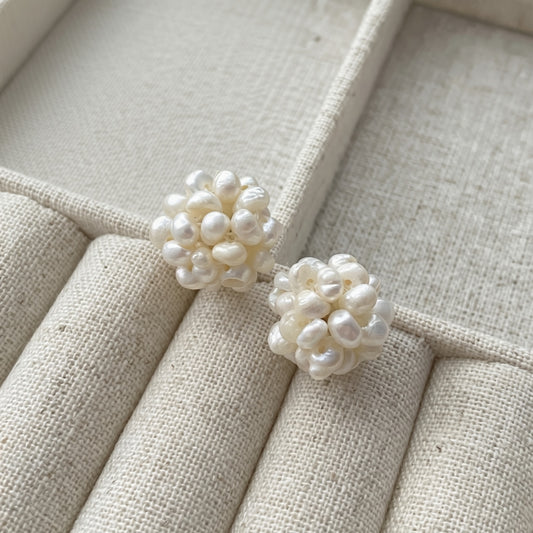 Pearl Cluster Stud Earrings — dense pom-pom cluster of baroque pearls